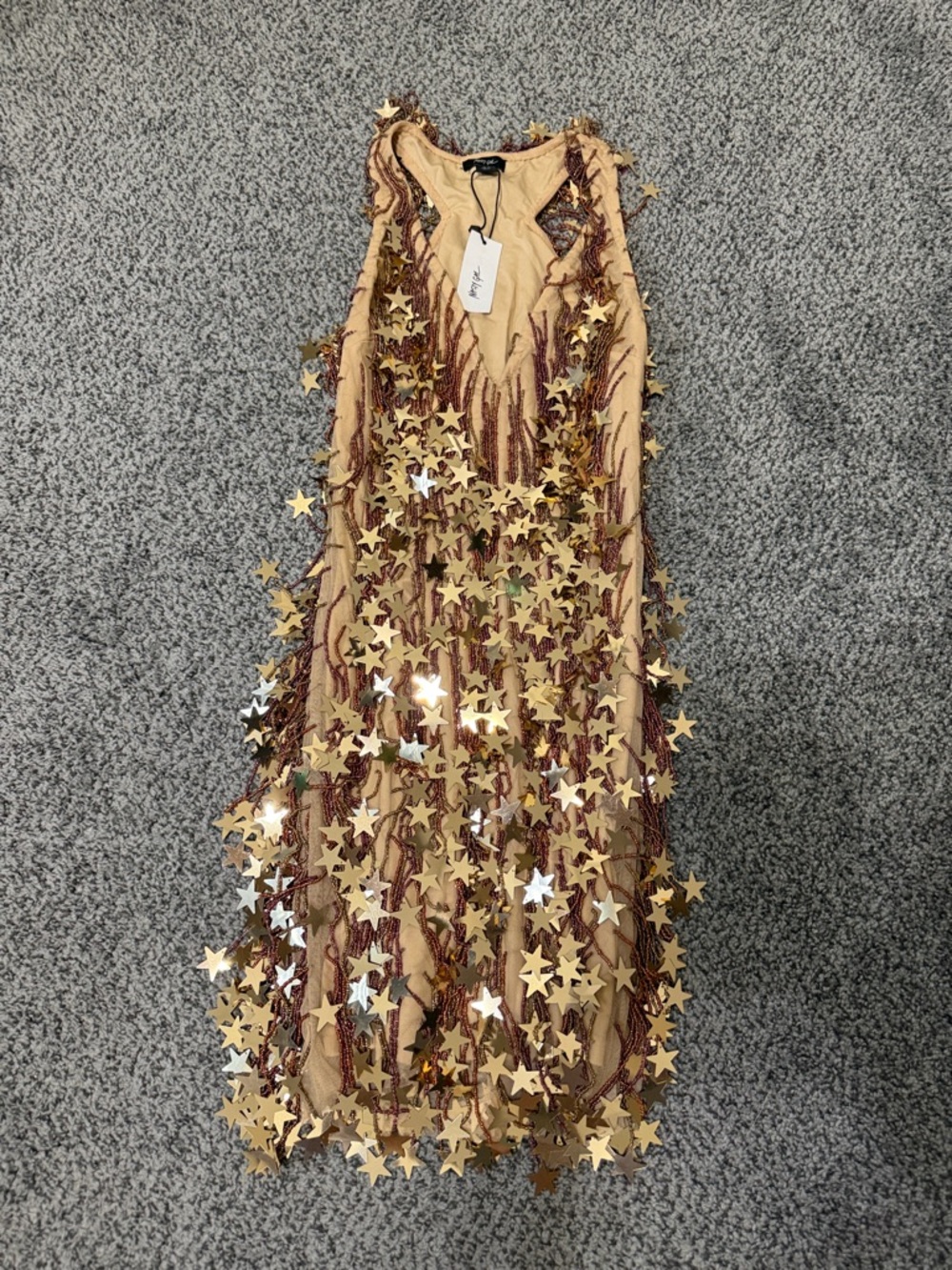 Nasty Gal Beige Maxi Dress with Gold & Silver Star Accents